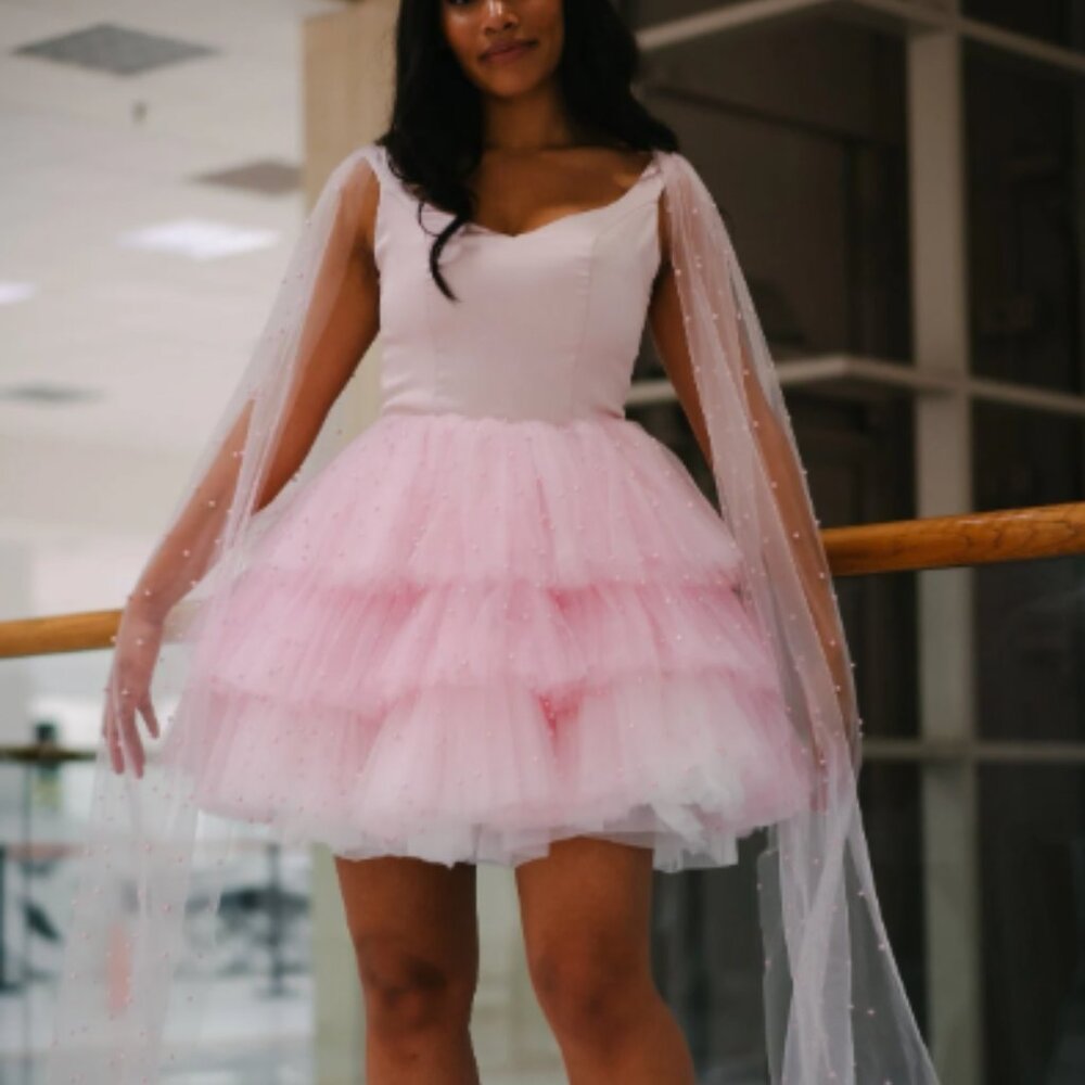 Persephone Tulle Fluffy Dress with Cape Sleeves